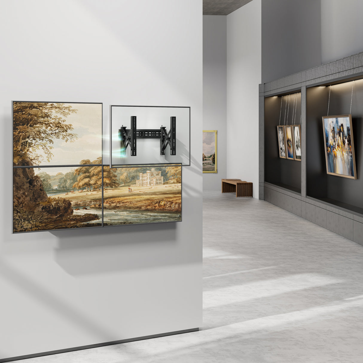 A contemporary art gallery features landscape paintings on the left, one split into four panels with a Mount-It! Pop-Out Video Wall Mount’s mechanical arm and pop-out design. Framed artworks are displayed on the right, with a bench in the background.