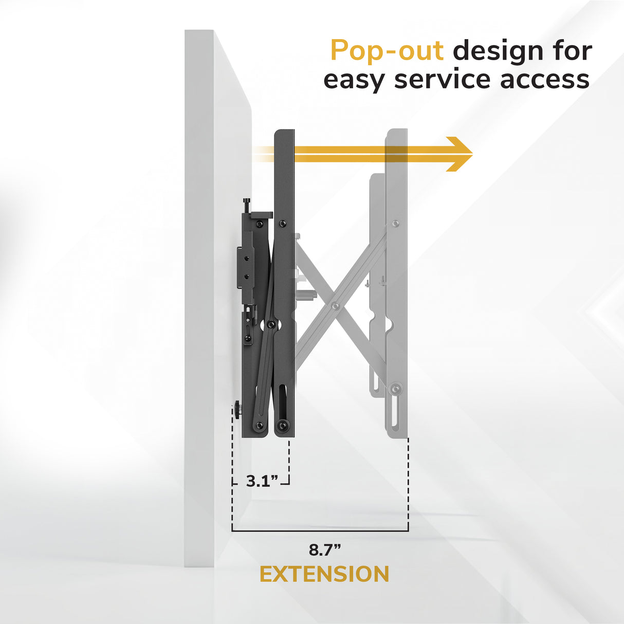 Side view of the Mount-It! Pop-Out Video Wall Mount extending 8.7" from the wall for easy service access, featuring labeled measurements and highlighted yellow extension. Text reads: Pop-out design for easy service access.