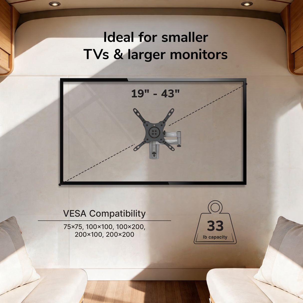 The Mount-It! Full Motion Lockable RV and Trailer TV Mount, shown in a bright room, fits 19–43" TVs or monitors (VESA: 75x75 to 200x200) up to 33 lbs. Ideal for smaller TVs & larger monitors.