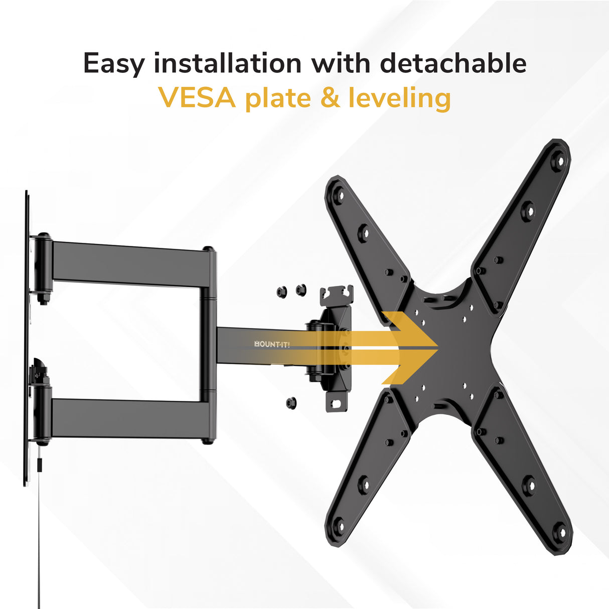 Illustration of the Mount-It! Locking RV and Trailer TV Wall Mount with Detachable Bracket, showing the detachable VESA plate attaching to the bracket arm for easy installation, leveling, and extendable mounting options.