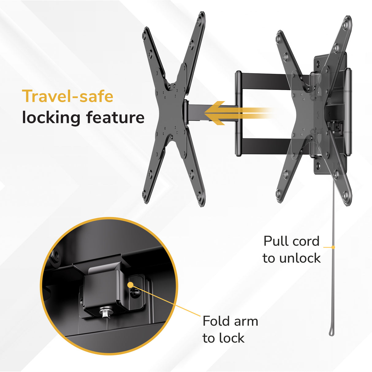 The Mount-It! Locking RV and Trailer TV Wall Mount with Detachable Bracket is shown in black, featuring a travel-safe locking mechanism operated by a pull cord; folding the arm locks it. An inset highlights the lock with illustrated instructions and arrows.