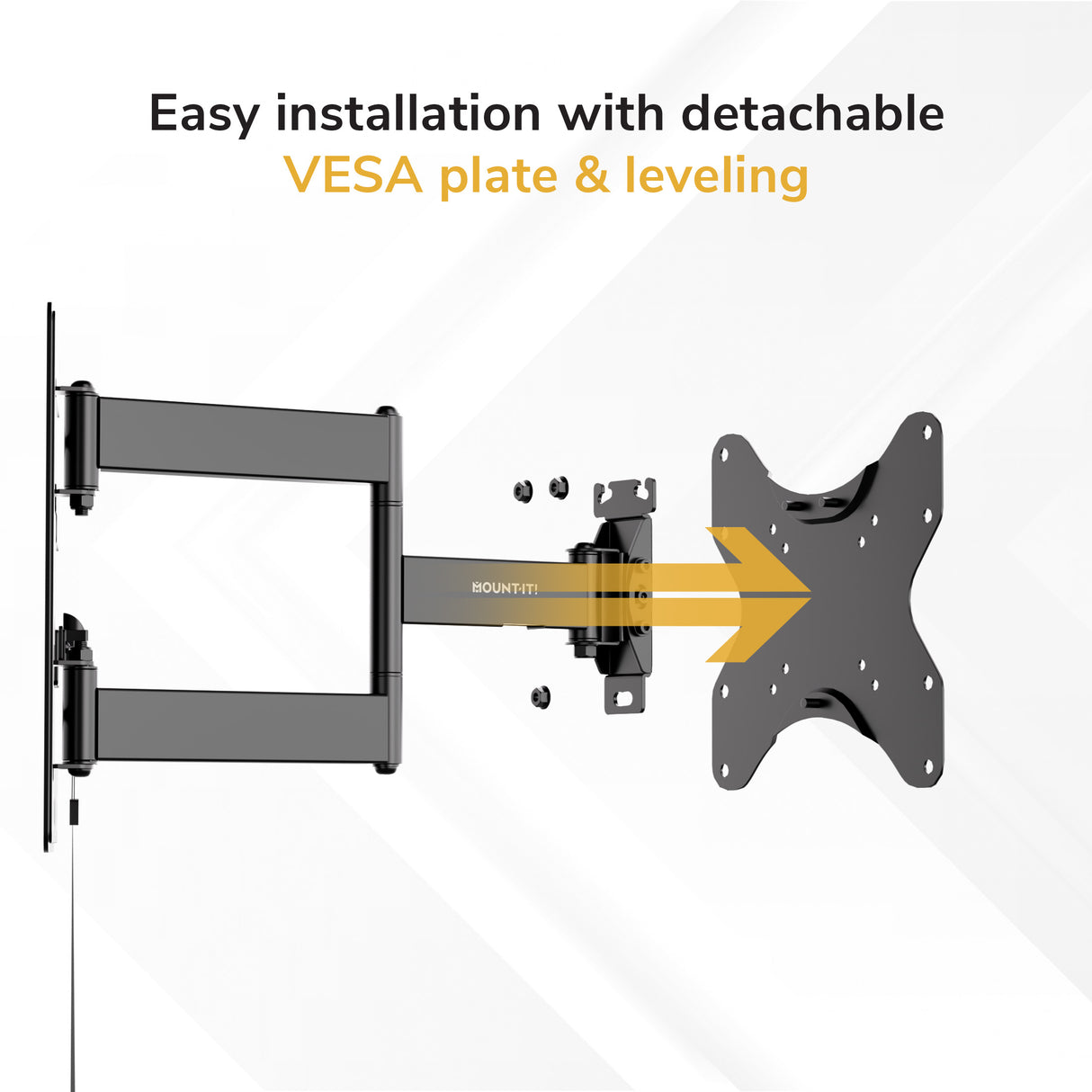 The Mount-It! RV and Trailer TV Wall Mount with Lockable Arm features a detachable VESA 200x200 plate, easy installation, and leveling. An exploded view with text above and yellow arrow shows assembly—perfect for mounting TVs in RVs.