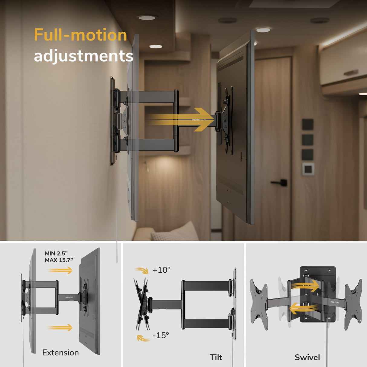 The Mount-It! RV and Trailer TV Wall Mount with Lockable Arm extends 2.5–15.7", tilts +10°/–15°, and swivels for optimal viewing. Diagrams show the versatile VESA mount optimizing angles in a modern RV interior.