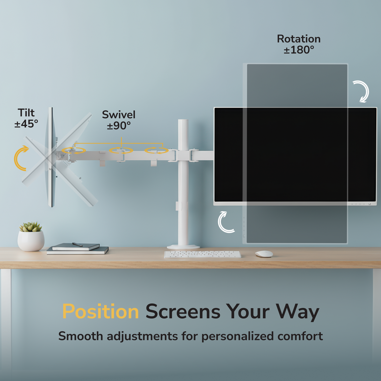 Full Motion Dual Monitor Desk Mount The Mount-It! Full Motion Dual Monitor Desk Mount offers ergonomic screen positioning with tilt ±45°, swivel ±90°, and rotate ±180°. Position screens your way with smooth adjustments for personalized comfort.