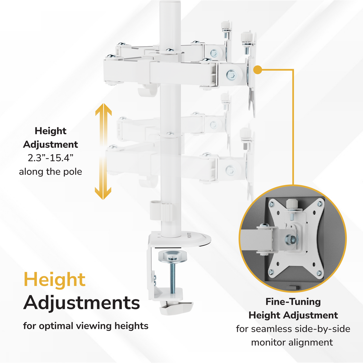 Full Motion Dual Monitor Desk Mount Diagram illustrating the Mount-It! Full Motion Dual Monitor Desk Mount, featuring height adjustment from 2.3" to 15.4" along the pole and ergonomic screen positioning, with labeled arrows highlighting seamless side-by-side alignment.