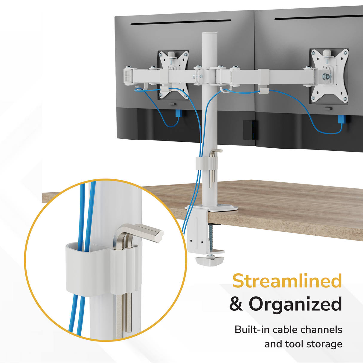 Full Motion Dual Monitor Desk Mount The Mount-It! Full Motion Dual Monitor Desk Mount holds two screens above a wooden desk, with blue cables routed through white built-in channels. An inset highlights cable management and tool storage. Text: “Streamlined & Organized ergonomics.”.