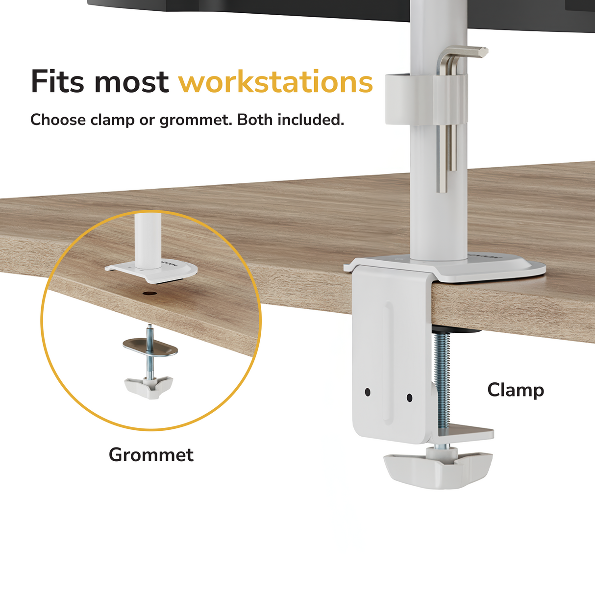 Full Motion Dual Monitor Desk Mount A white Mount-It! Full Motion Dual Monitor Desk Mount on a wooden desk with clamp, and inset showing grommet option. Text: Fits most workstations—choose clamp or grommet for ergonomic screen placement. Both included.