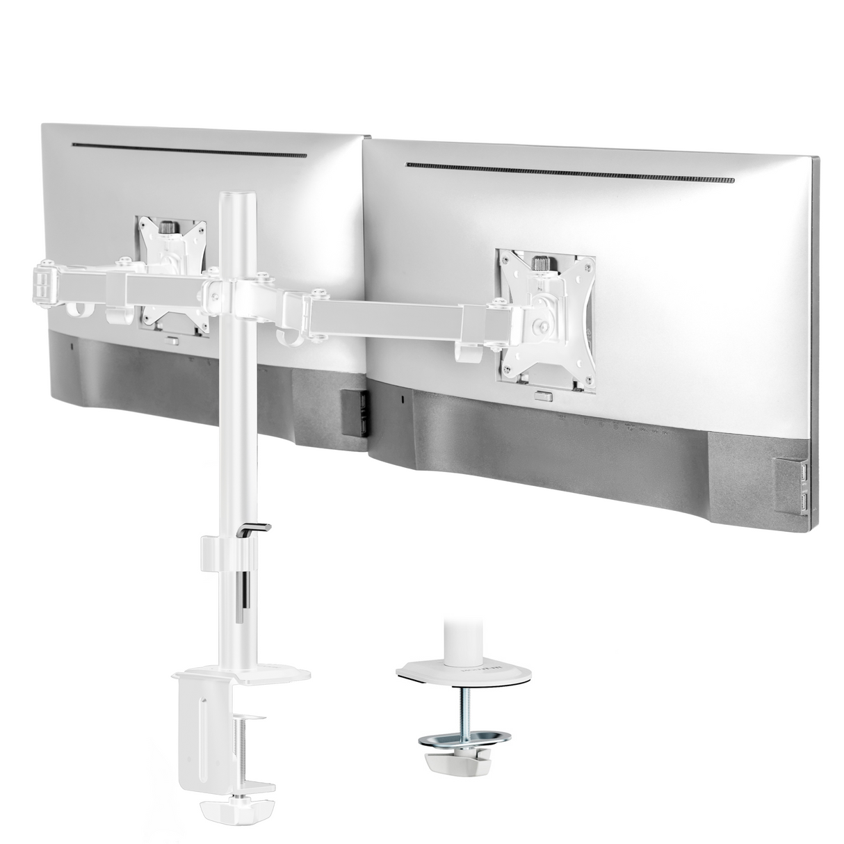Full Motion Dual Monitor Desk Mount The Mount-It! Full Motion Dual Monitor Desk Mount in white supports two monitors side by side, offering ergonomic positioning with both clamp and grommet mounts for a clean, modern workspace.