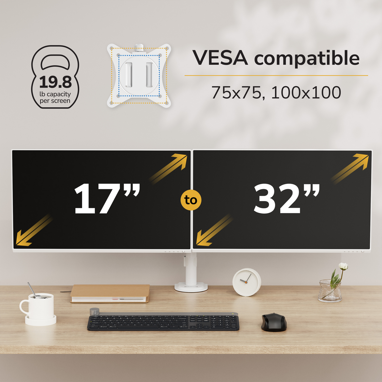 Full Motion Dual Monitor Desk Mount A modern desk features the Mount-It! Full Motion Dual Monitor Desk Mount for ergonomic screen positioning, holding two monitors with VESA compatibility and high capacity. A diagram details the VESA mount setup; keyboard, mouse, mug, and decor are also shown.