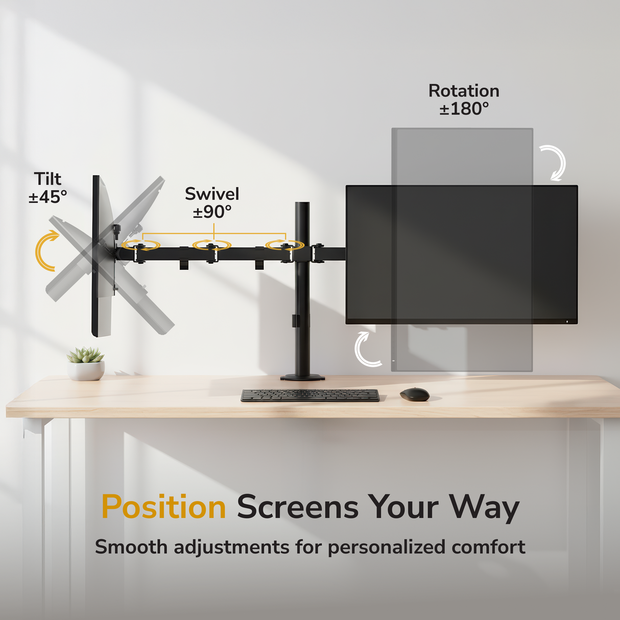 Full Motion Dual Monitor Desk Mount The Mount-It! Full Motion Dual Monitor Desk Mount holds two screens with ergonomic tilt (±45°), swivel (±90°), and rotation (±180°) adjustments. A clean setup with keyboard and mouse. Text: "Position Screens Your Way.