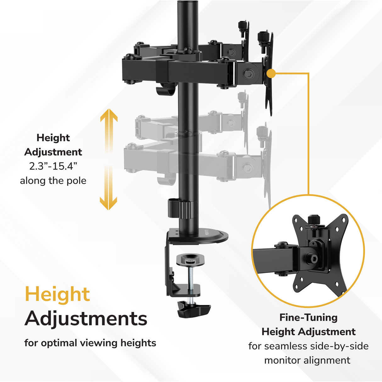 Full Motion Dual Monitor Desk Mount Diagram illustrates the Mount-It! Full Motion Dual Monitor Desk Mount, featuring adjustable height from 2.3" to 15.4" on the pole, clamp mount, and precise ergonomic positioning for side-by-side monitors and optimal viewing.
