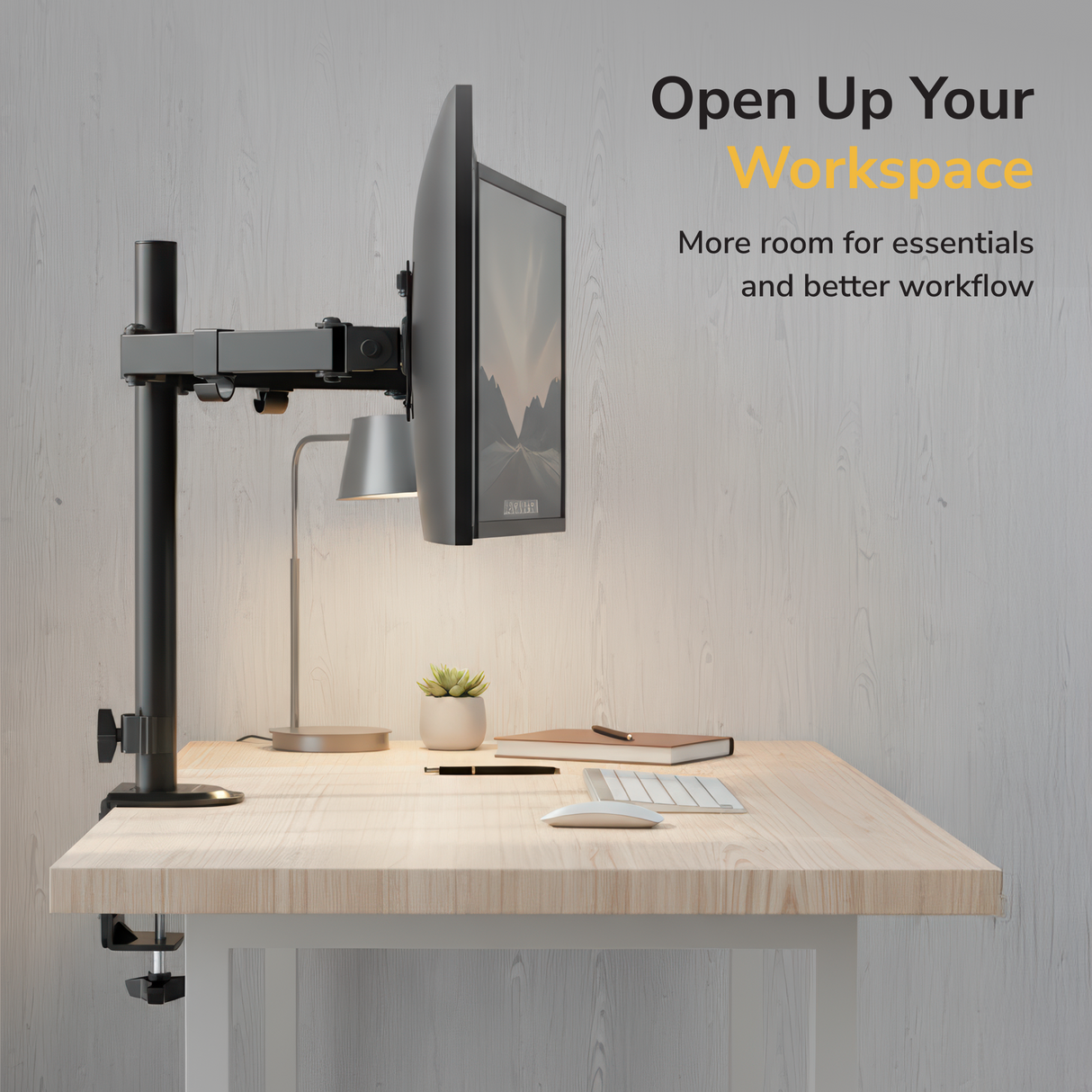 Full Motion Dual Monitor Desk Mount A modern desk with a Mount-It! Full Motion Dual Monitor Desk Mount, keyboard, mouse, lamp, and plant—promoting an organized workspace. Text reads: Open Up Your Workspace. More room for essentials and ergonomic screen positioning.