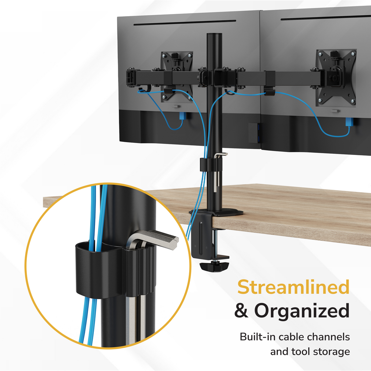 Full Motion Dual Monitor Desk Mount Two monitors mounted with blue cables managed along the black Mount-It! Full Motion Dual Monitor Desk Mount. Inset shows a close-up of the cable clip and tool storage. Text: Streamlined & Organized for ergonomic screen positioning.
