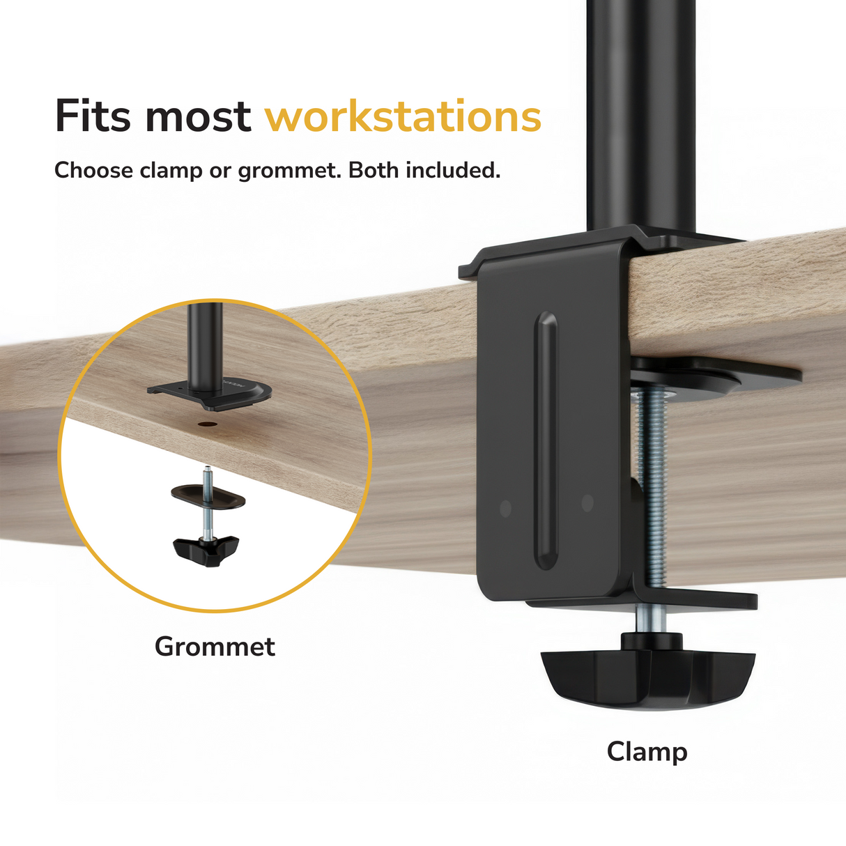 Full Motion Dual Monitor Desk Mount The Mount-It! Full Motion Dual Monitor Desk Mount, in black metal, is attached to a wooden desk with a clamp. An inset shows the included grommet mount option. Text: Fits most workstations—choose clamp or grommet (both included).