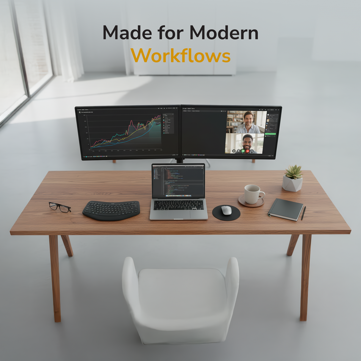Full Motion Dual Monitor Desk Mount A modern desk with the Mount-It! Full Motion Dual Monitor Desk Mount for ergonomic screen placement, showing a graph and video call; laptop with code, wireless keyboard, mouse, smartphone, tablet, notebook, pen; “Made for Modern Workflows” above.