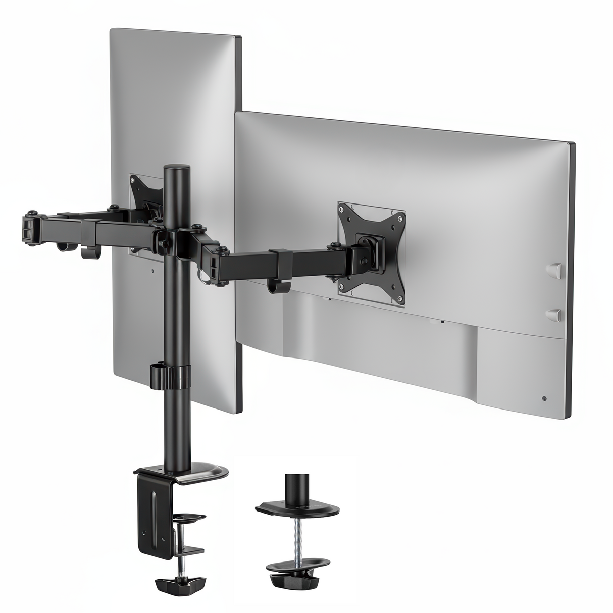 Full Motion Dual Monitor Desk Mount The Mount-It! Full Motion Dual Monitor Desk Mount in black features adjustable arms for ergonomic positioning, securely clamping to the desk edge and holding two flat-screen monitors in landscape orientation.