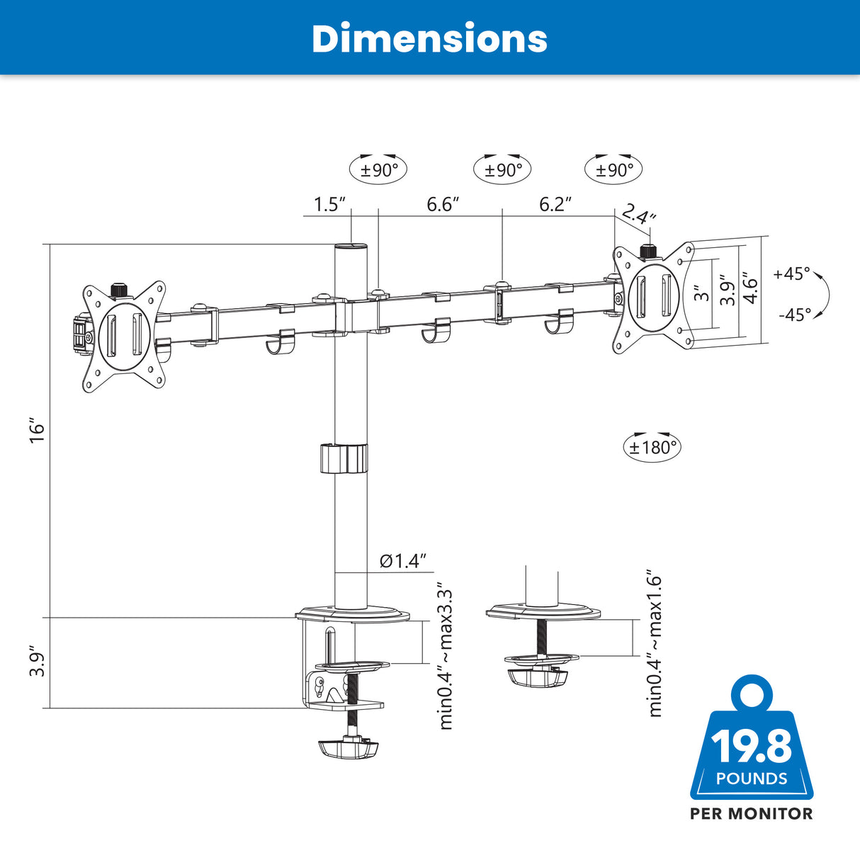 Full Motion Dual Monitor Desk Mount Technical diagram of a dual monitor arm with dimensions and weight information.