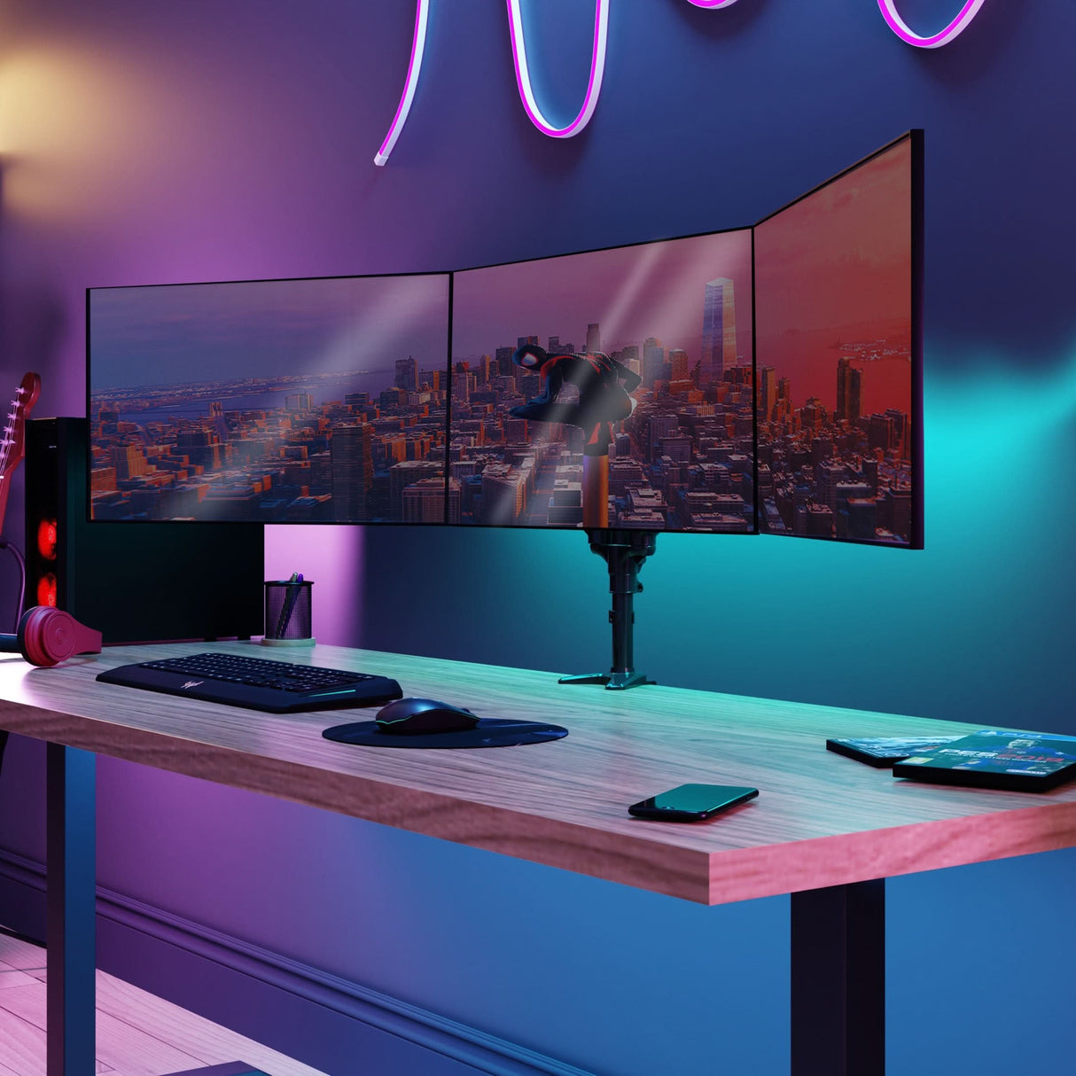 Triple Monitor Mount with Gas Spring Arms A sleek modern workspace featuring a wooden desk with a triple monitor mount with gas spring arms securely holding three large widescreen monitors side by side, displaying a cityscape. The adjustable arms allow for smooth positioning, creating an organized and ergonomic setup with a clean, clutter-free surface, perfect for professional or home office use.