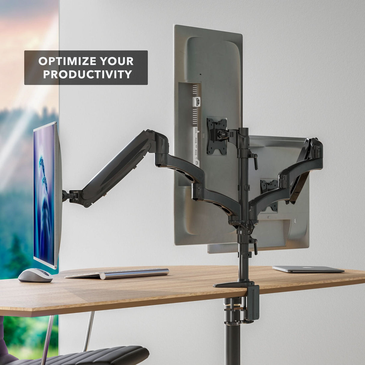 Triple Monitor Mount with Gas Spring Arms Triple Monitor Mount with Gas Spring Arms securely holding three screens on a desk, showcasing adjustable gas spring arms for smooth height, tilt, swivel, and rotation adjustments, designed to optimize productivity and create an organized workspace with a sleek, sturdy clamp-on steel construction.