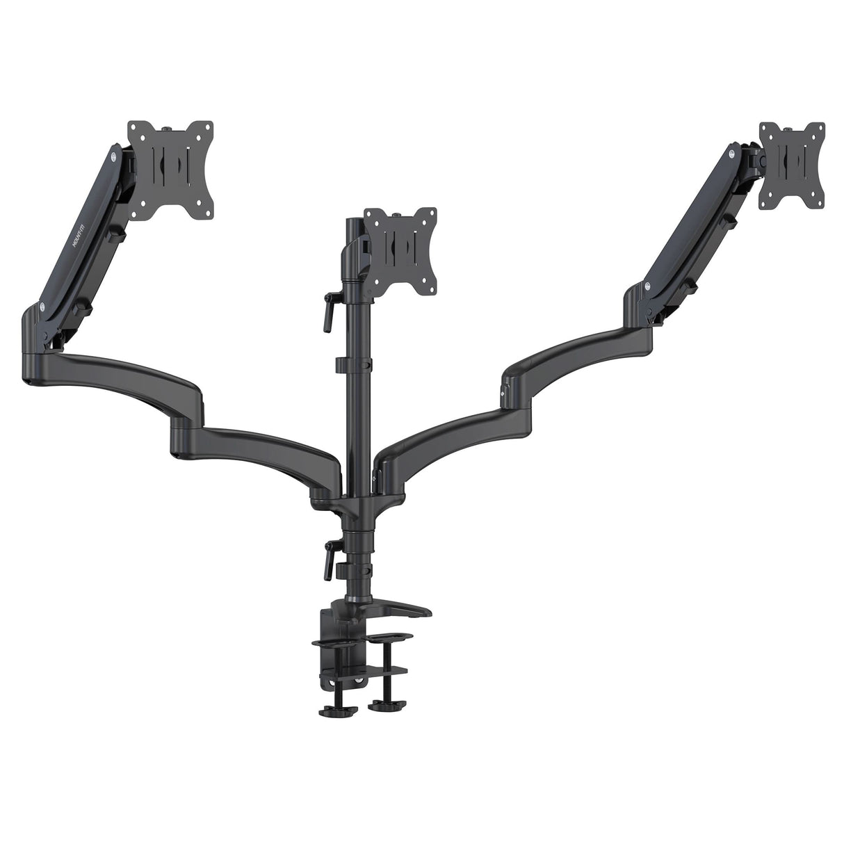 Triple Monitor Mount with Gas Spring Arms Triple Monitor Mount with Gas Spring Arms in black, designed to hold three monitors side by side with adjustable height, tilt, swivel, and rotation features. Constructed from durable steel with a sturdy clamp-on base for secure attachment to most desks, offering a clean and ergonomic workspace solution for home or office use.