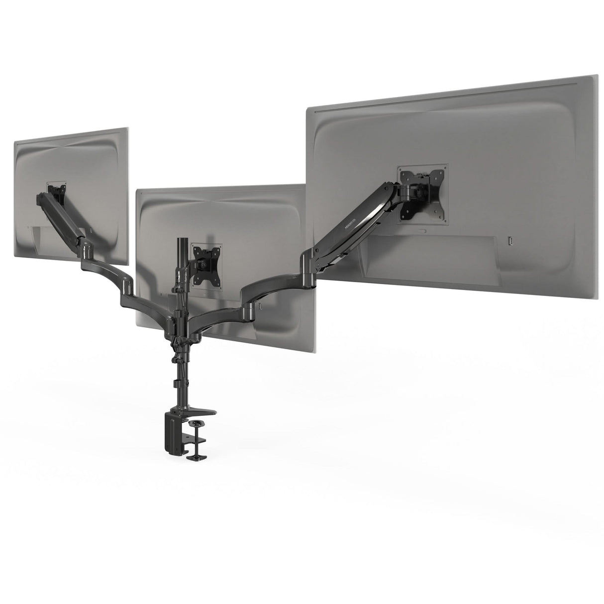 Triple Monitor Mount with Gas Spring Arms Triple Monitor Mount with Gas Spring Arms supporting three screens side by side, featuring adjustable tilt, swivel, and rotation for ergonomic positioning, sturdy clamp-on base for secure attachment to desks, and durable steel construction designed to hold monitors up to 32 inches for efficient workspace organization and comfort.