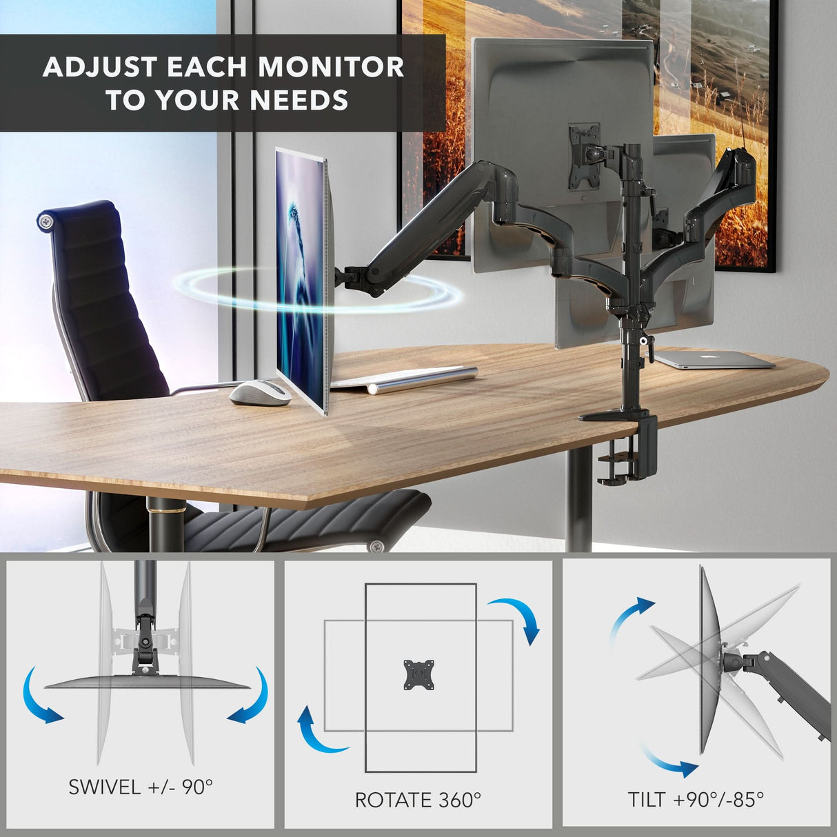 Triple Monitor Mount with Gas Spring Arms Triple Monitor Mount with Gas Spring Arms securely clamped to a desk, holding three monitors side by side with smooth adjustable arms demonstrating swivel, rotation, and tilt capabilities for customizable ergonomic positioning in a modern office setup.