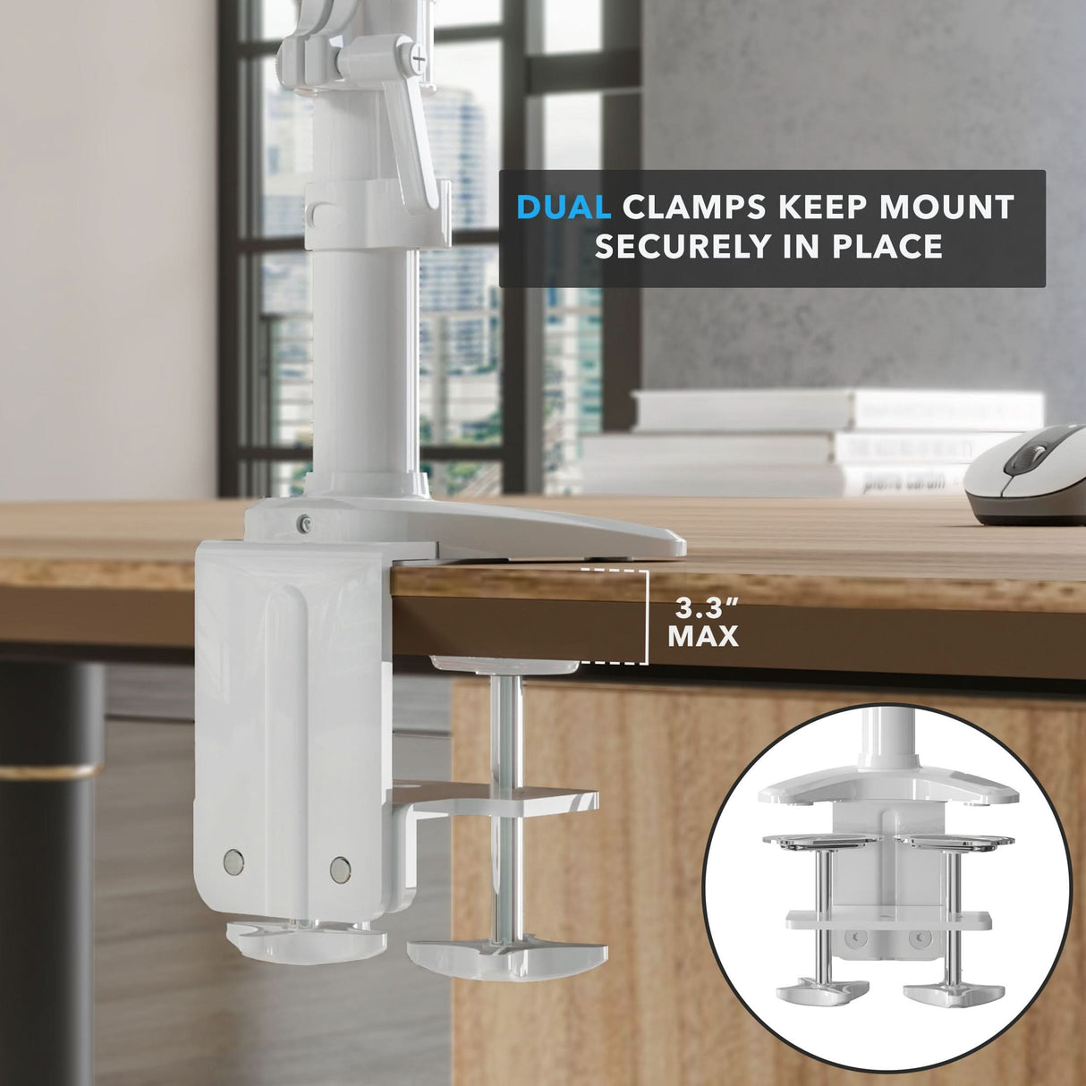 Triple Monitor Mount with Gas Spring Arms Close-up of the white dual clamp system of the Triple Monitor Mount with Gas Spring Arms securing the mount firmly to a wooden desk edge, demonstrating maximum clamping capacity of 3.3 inches for stable support and workspace organization.