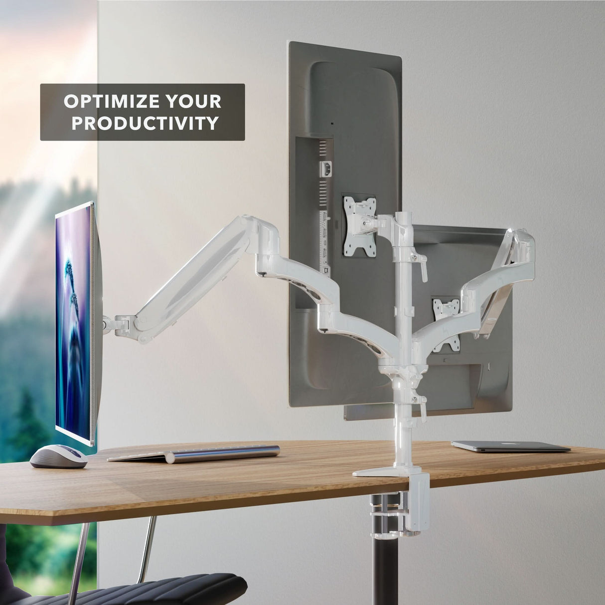 Triple Monitor Mount with Gas Spring Arms Triple Monitor Mount with Gas Spring Arms in white, securely clamped to a wooden desk holding three monitors side by side, showing adjustable arms allowing smooth height, tilt, swivel, and rotation for ergonomic workspace optimization and improved productivity in a modern office setting.