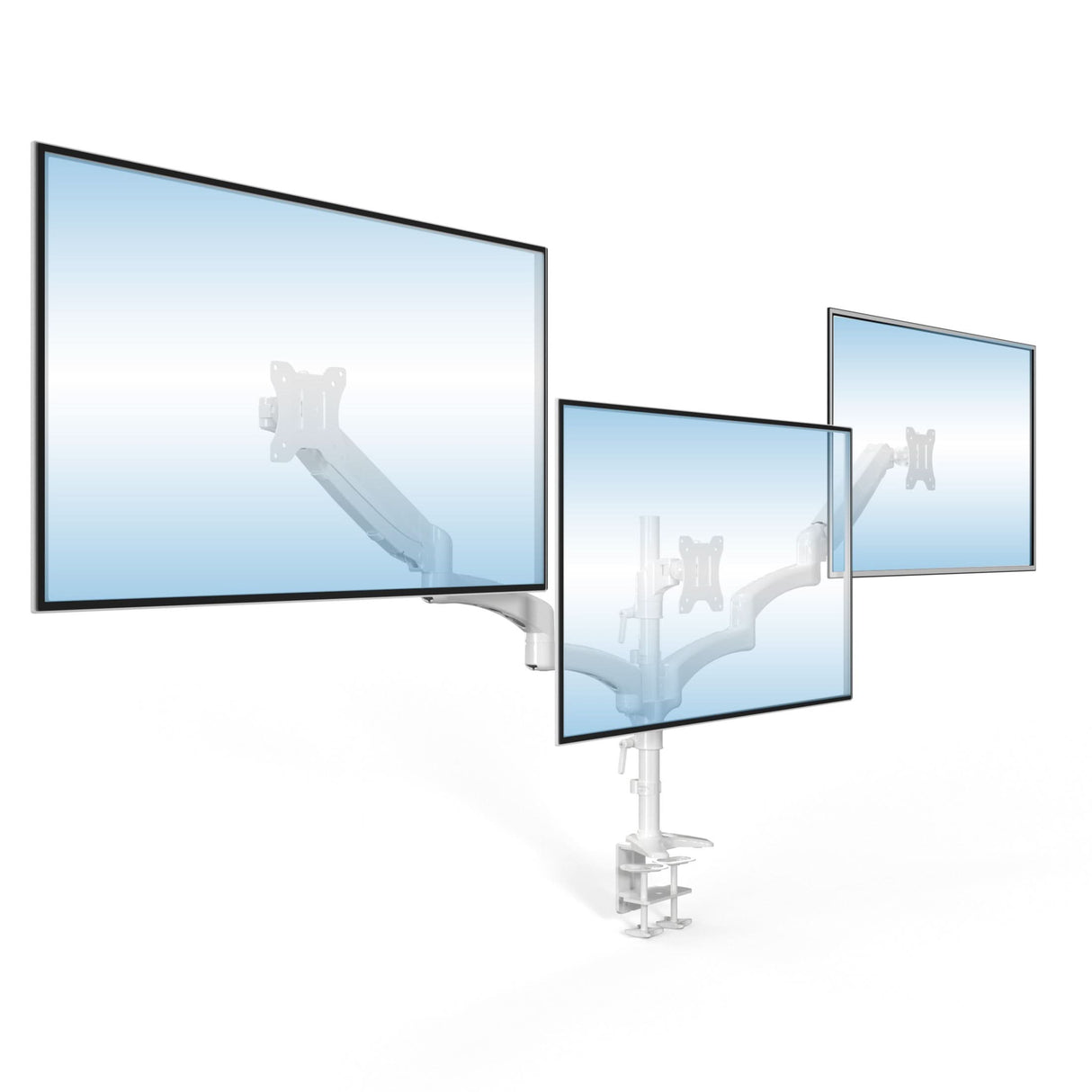 Triple Monitor Mount with Gas Spring Arms Triple Monitor Mount with Gas Spring Arms holding three adjustable flat-screen monitors side by side, mounted on a sturdy clamp attached to a desk, showcasing smooth, flexible positioning with tilt, swivel, and rotation capabilities for ergonomic comfort and a clean, organized workspace ideal for office or home use.