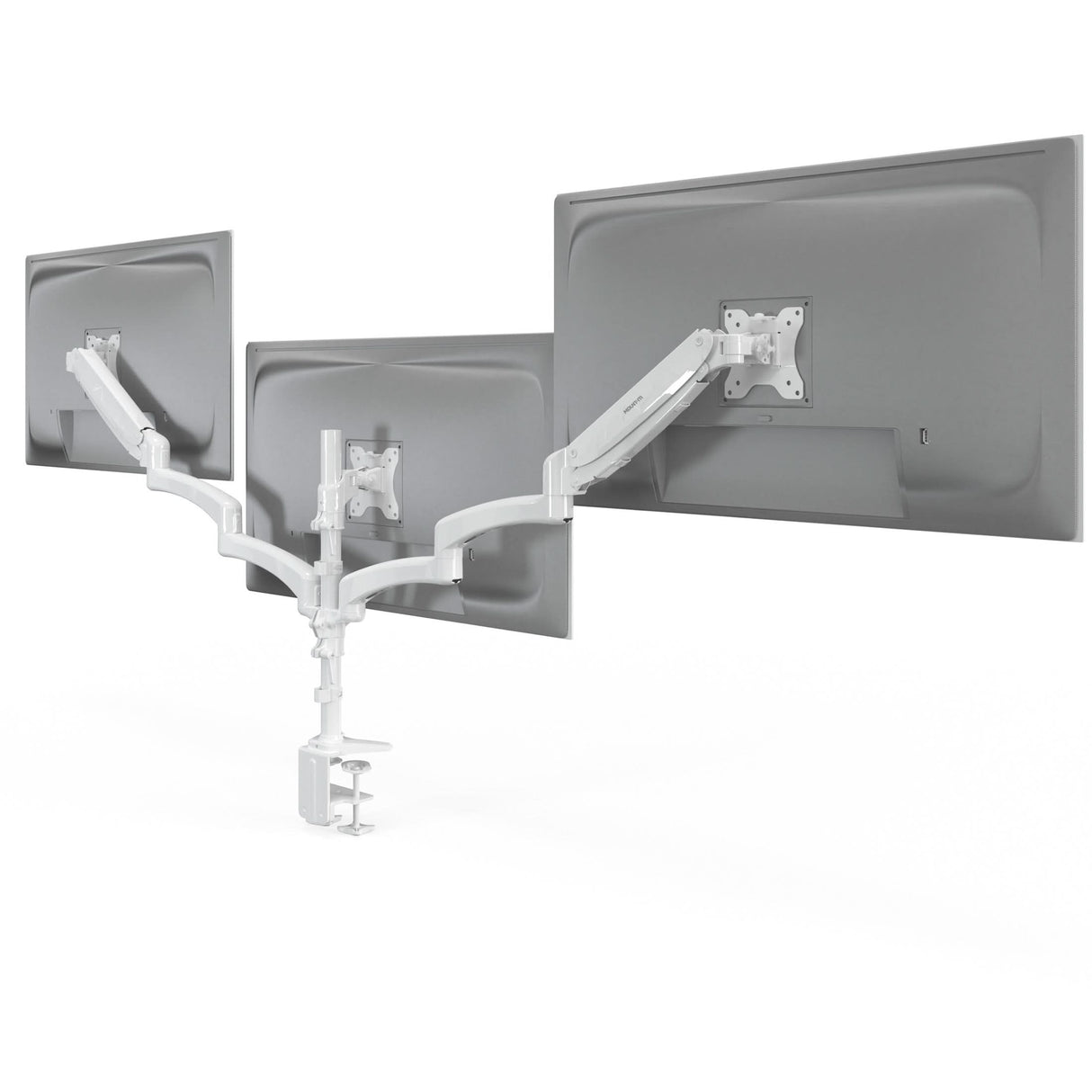 Triple Monitor Mount with Gas Spring Arms Triple Monitor Mount with Gas Spring Arms in white, showing three screens mounted side by side on adjustable gas spring arms with tilt, swivel and rotation features, securely clamped to a desk, designed for ergonomic workspace organization with durable steel construction supporting up to 32-inch monitors.