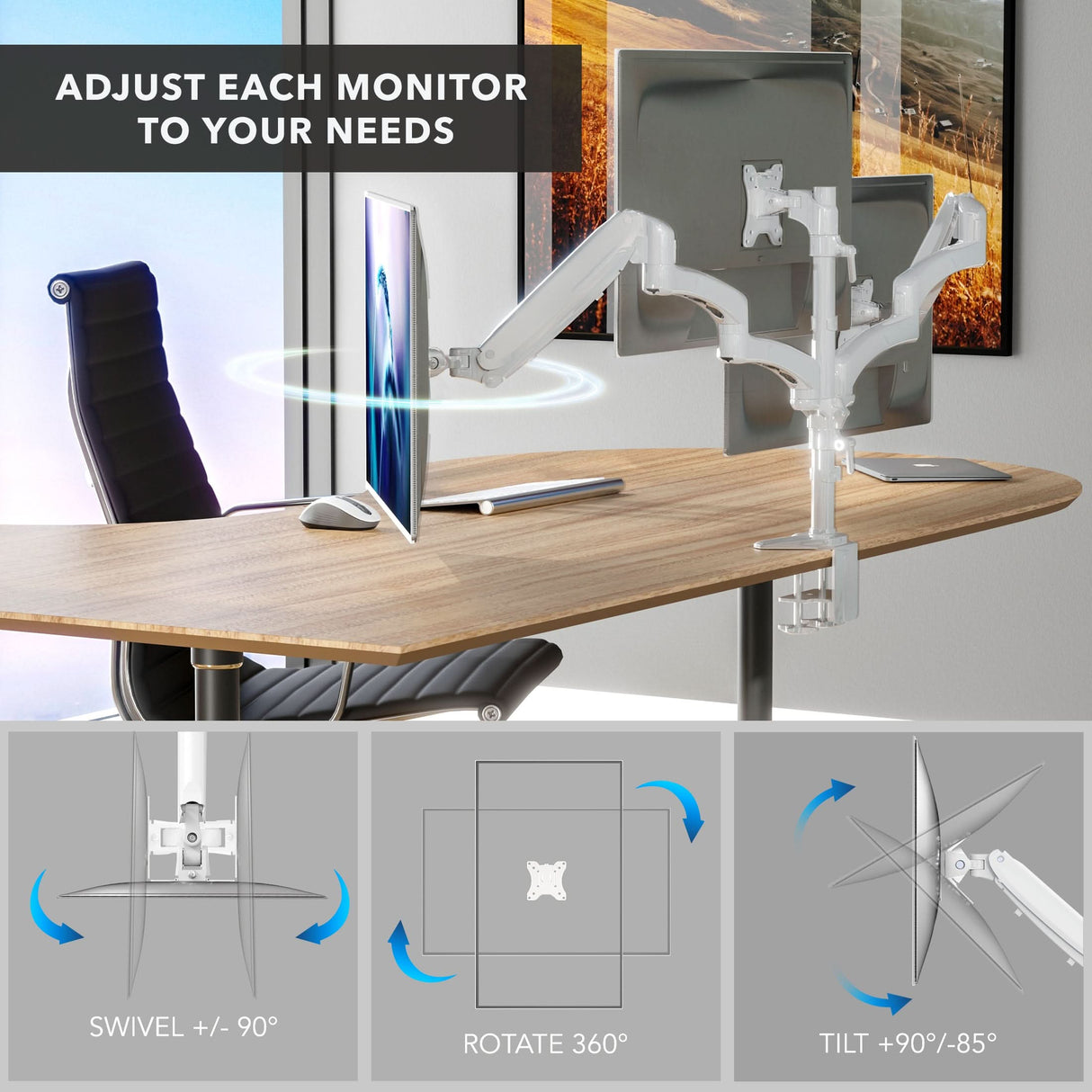 Triple Monitor Mount with Gas Spring Arms A white Triple Monitor Mount with Gas Spring Arms securely clamped to a wooden desk, holding three adjustable monitors side by side. The image highlights smooth tilt, swivel, and 360-degree rotation capabilities for ergonomic customization, demonstrating how each monitor can be precisely positioned for optimal viewing angles in a clean, organized workspace setup.