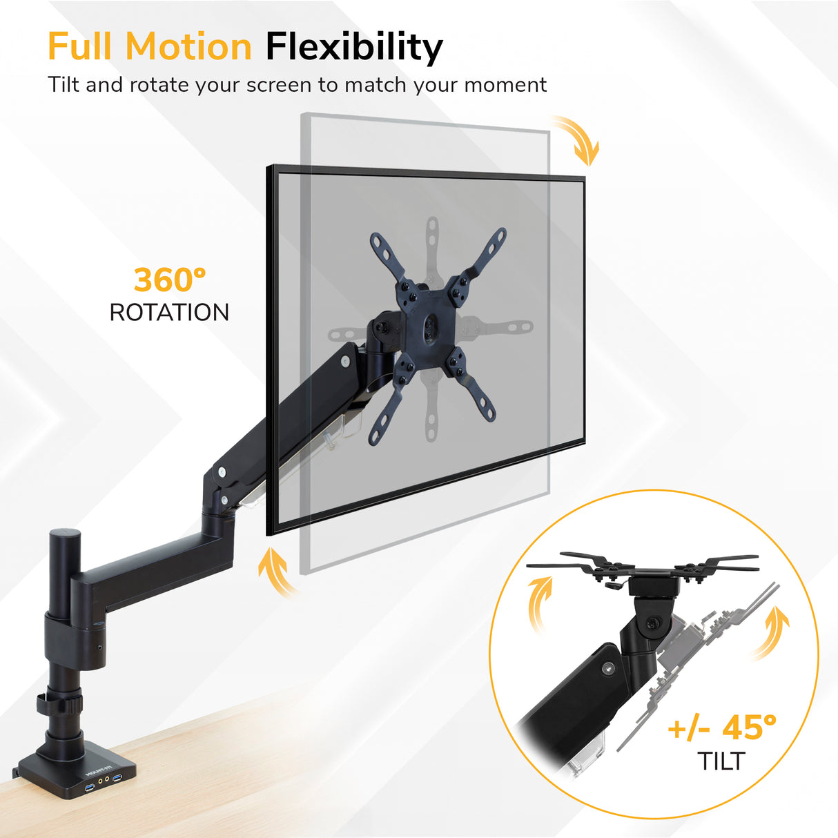 Heavy Duty Monitor Desk Mount w/ USB & Multimedia Ports Heavy Duty Monitor Desk Mount w/ USB & Multimedia Ports