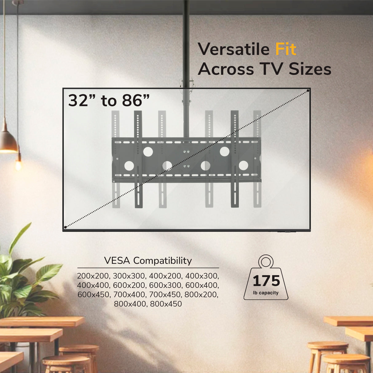 The Mount-It! Full-Motion TV Ceiling Mount is shown in a living room, supporting 32–86" TVs up to 175 lbs with VESA compatibility. It appears above a plant and wooden furniture.