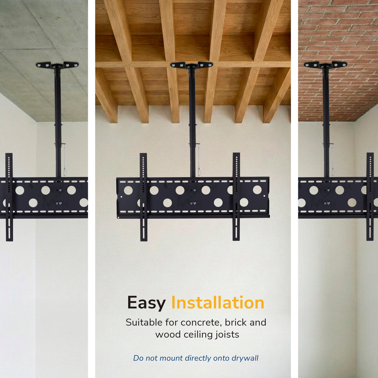 The Mount-It! Full-Motion TV Ceiling Mount for 42-90” screens is shown installed on concrete, brick, and wood joists. Easy to install—suitable for concrete, brick, and wood ceilings. Do not mount directly on drywall. Heavy-duty secure support.
