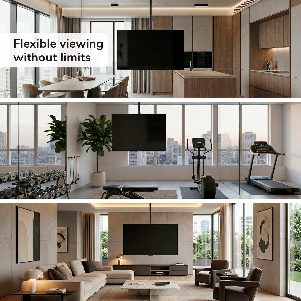 A collage features a Mount-It! Full-Motion TV Ceiling Mount for 42-90” screens in a kitchen, gym, and living room with city views. Text: “Flexible viewing without limits.”.