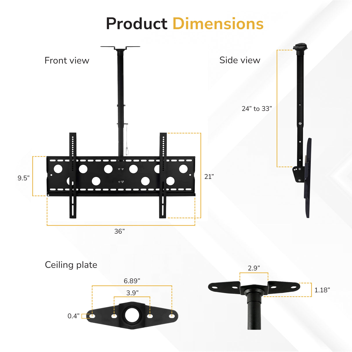 Product dimensions diagram for the Mount-It! Full-Motion TV Ceiling Mount (42-90” screens) shows front, side, and ceiling plate views with labeled measurements: 36" wide, 21" tall, 9.5" bar height, adjustable height 24-33”, and ceiling plate sizes.