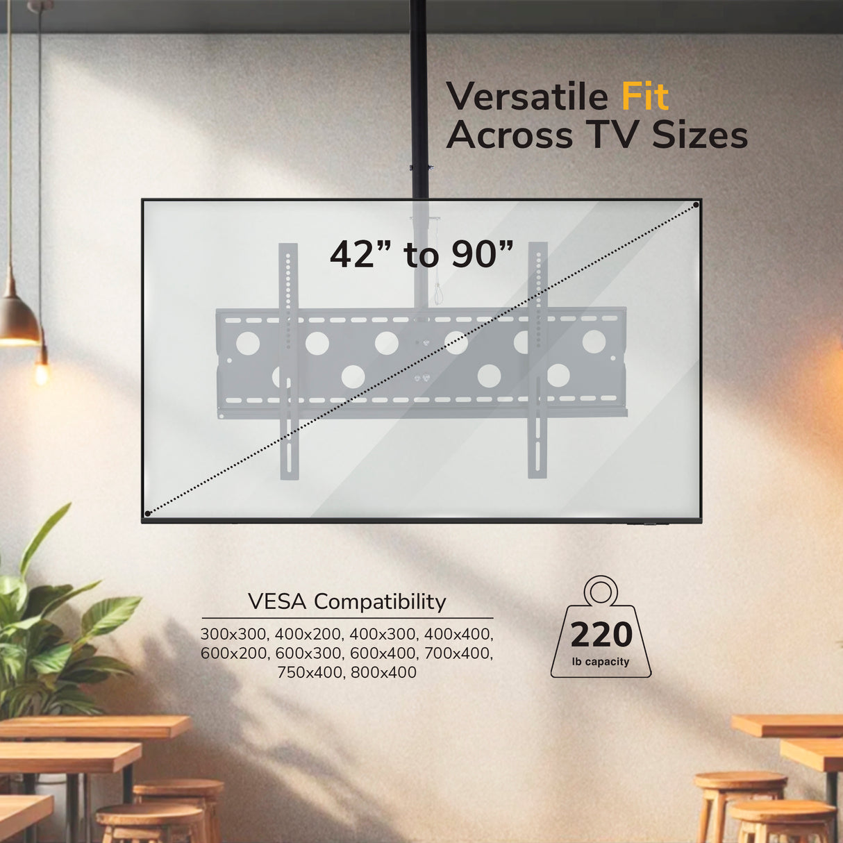 The Mount-It! Full-Motion TV Ceiling Mount is shown, fitting 42–90" TVs up to 220 lbs, VESA 300x300–800x400. Its sleek design suits modern interiors with decor like plants and lamps.