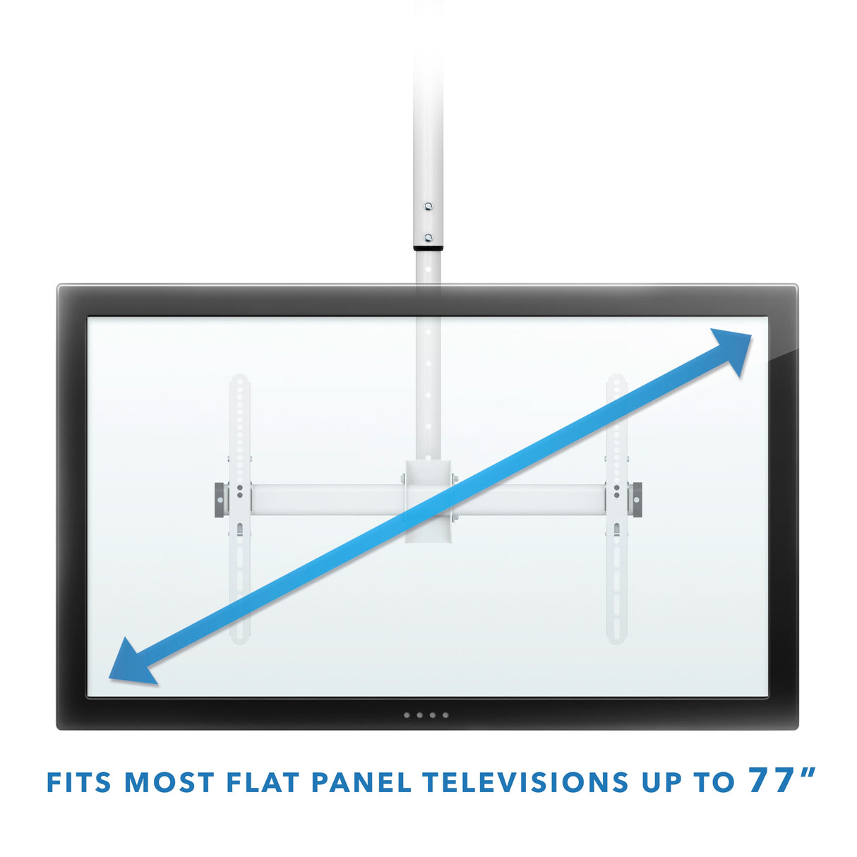 Full Motion Ceiling TV Mount A Full Motion Ceiling TV Mount by Mount-It! is shown holding a large TV with a blue diagonal arrow across the screen, illustrating fit. Text below reads, Fits most flat panel televisions up to 77 inches.