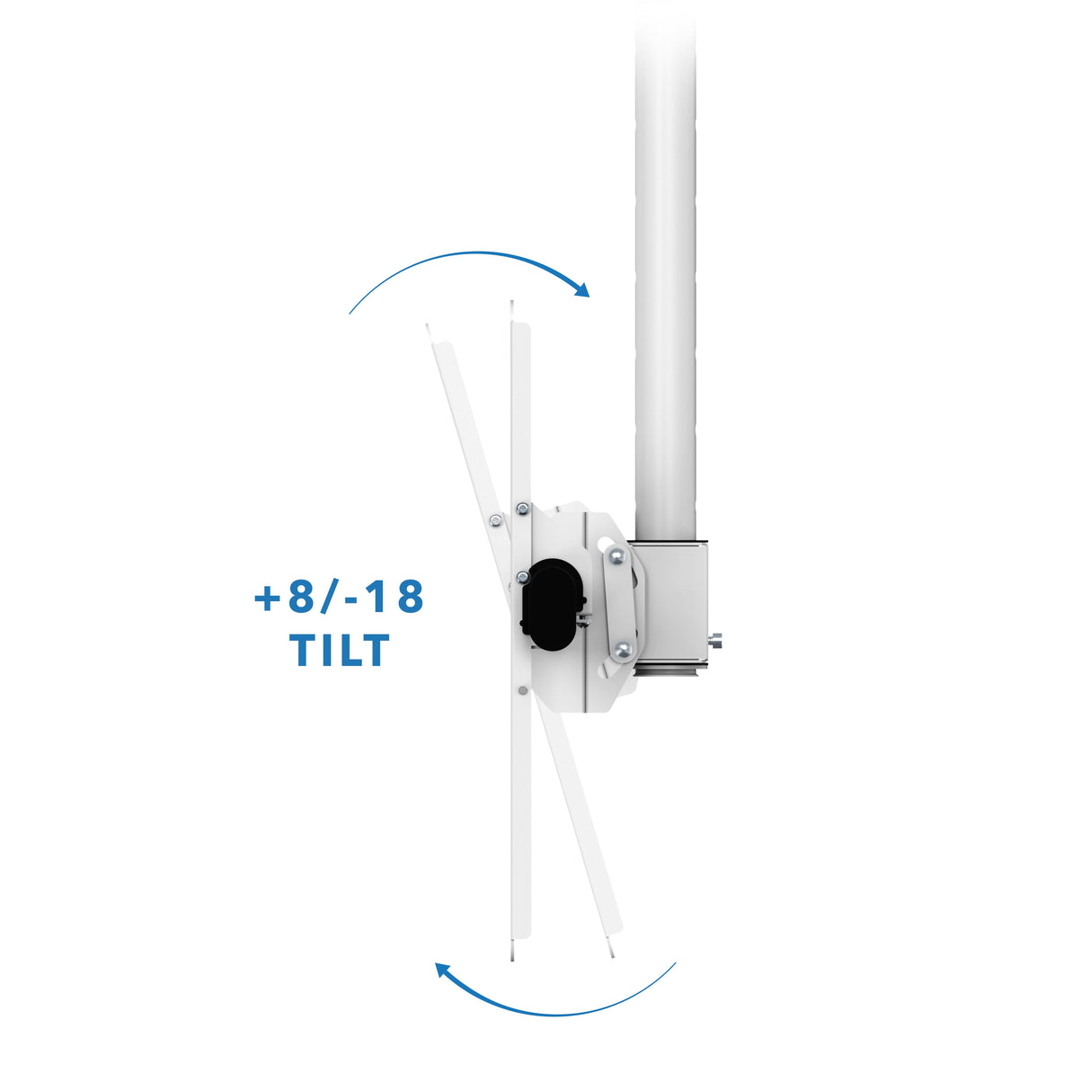Full Motion Ceiling TV Mount Side view of the Mount-It! Full Motion Ceiling TV Mount on a pole, with blue arrows showing its adjustable tilt range from +8° to -18°. "TILT" is labeled in blue text beside the adjustment range.