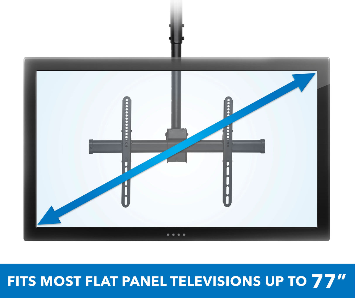 Large Full Motion Ceiling TV Mount The Mount-It! Large Full Motion Ceiling TV Mount is shown with an arrow measuring screen size diagonally. Text at the bottom states, Fits most flat panel televisions up to 77 inches.