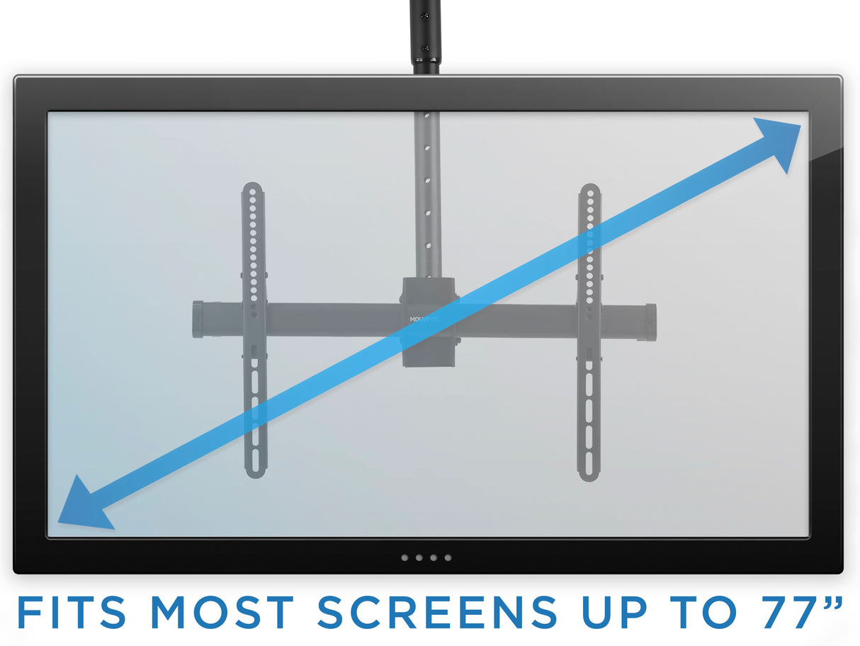Heavy Duty Dual TV Ceiling Mount A Mount-It! Heavy Duty Dual TV Ceiling Mount in black is installed behind a large flat-screen TV with a blue diagonal arrow. Text at the bottom reads, Fits most screens up to 77”.