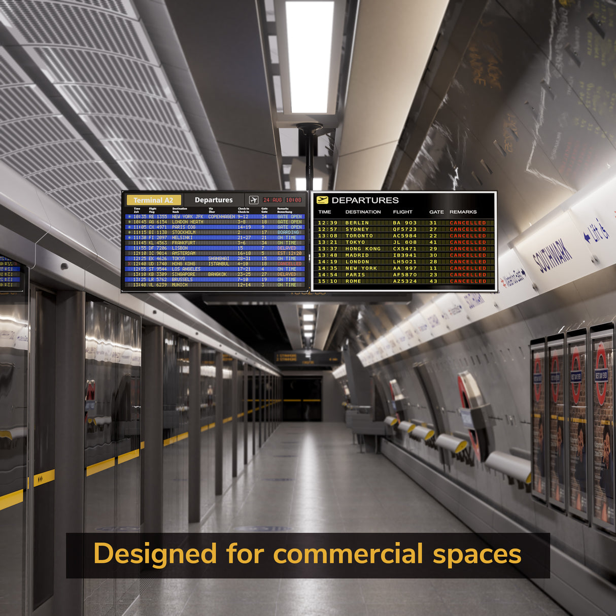 A modern, empty subway station features Mount-It! Dual TV Ceiling Mount with Short Pole suspending digital departure boards. Ticket machines line the wall. Text overlay at the bottom reads, Designed for commercial installations.