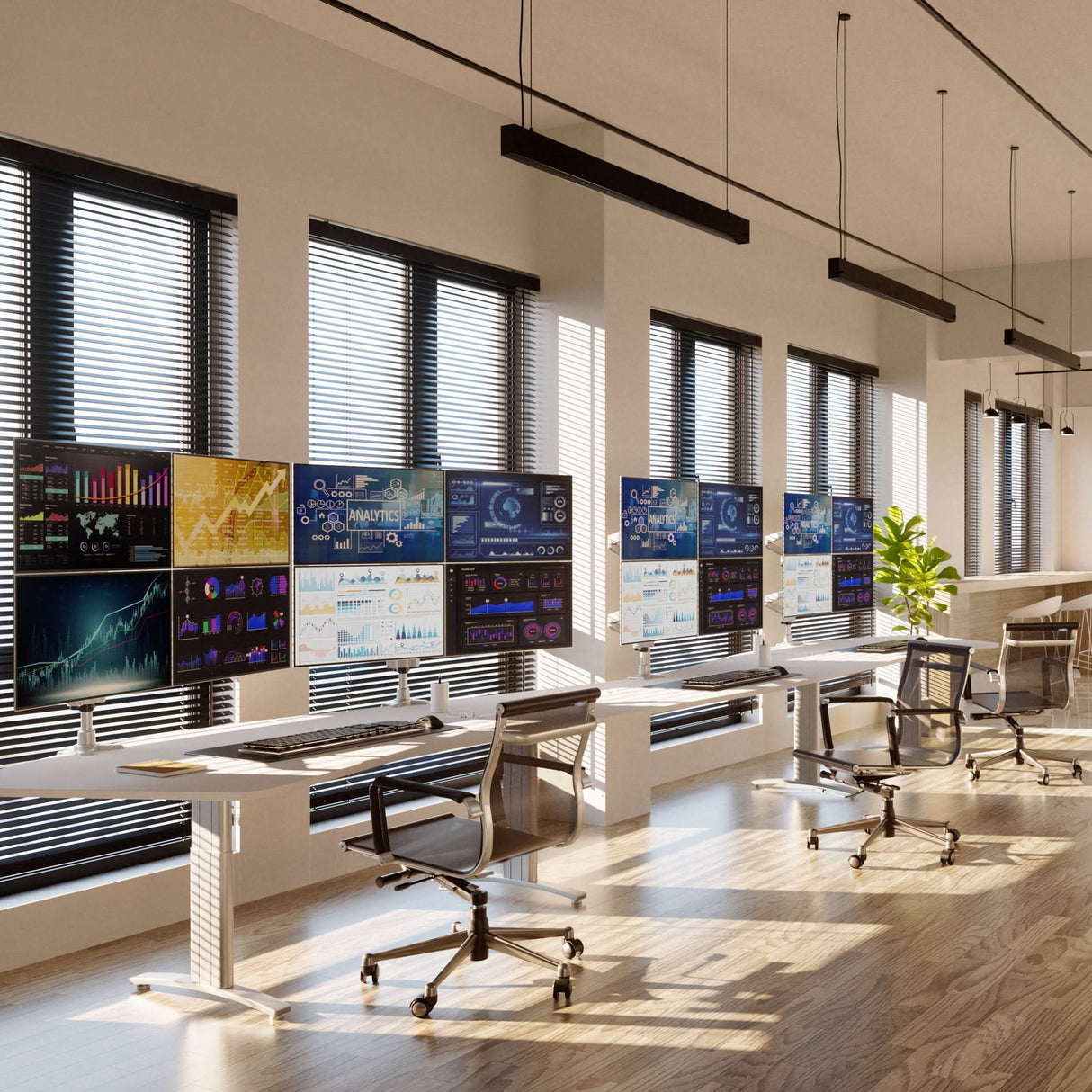 Full Motion Quad Monitor Desk Mount Modern office space featuring multiple workstations equipped with Full Motion Quad Monitor Desk Mounts holding four large screens each, showcasing data and analytics. The mounts allow swivel, tilt, and screen rotation for ergonomic viewing. The workspace is bright with natural light, ergonomic chairs, and a clean, organized setup promoting productivity and comfort.