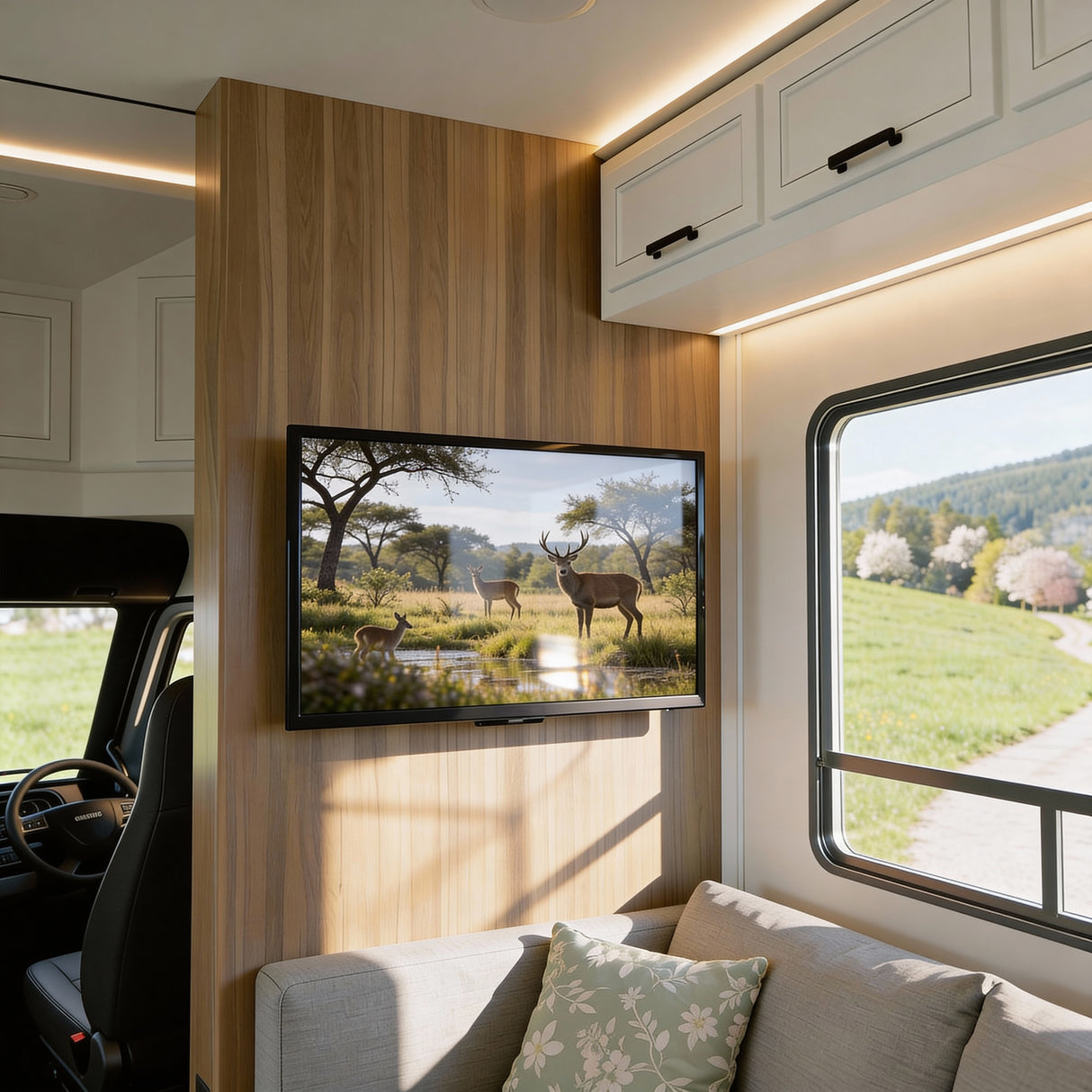 A modern RV interior has a TV displaying deer by a pond, mounted on the Mount-It! Low-Profile Tilt TV Wall Mount. Sunlight shines through a large window beside a gray sofa with a floral pillow. The space features light wood and white cabinets.