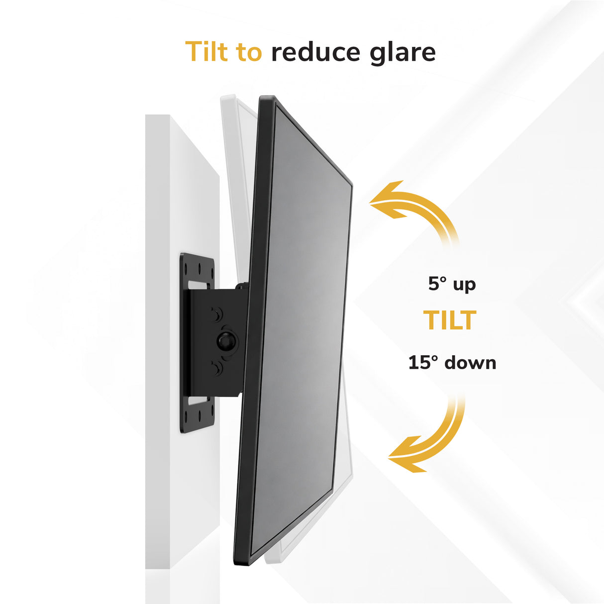 The Mount-It! Low-Profile Tilt TV Wall Mount is shown with a flat-screen tilting 5° up and 15° down, arrows illustrating the range. Text: Tilt to reduce glare.
