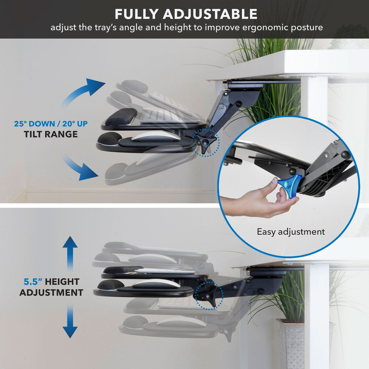 Under Desk Keyboard Platform With Wrist Support Fully adjustable tray for ergonomic posture with tilt range and height adjustment features.