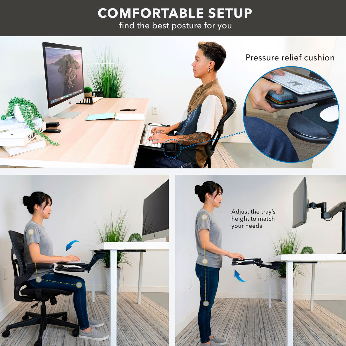 Under Desk Keyboard Platform With Wrist Support A person demonstrates ergonomic workstation setups using the Mount-It! Under Desk Keyboard Platform With Wrist Support and a monitor. The platform’s height is adjustable for seated or standing positions, promoting comfortable posture.