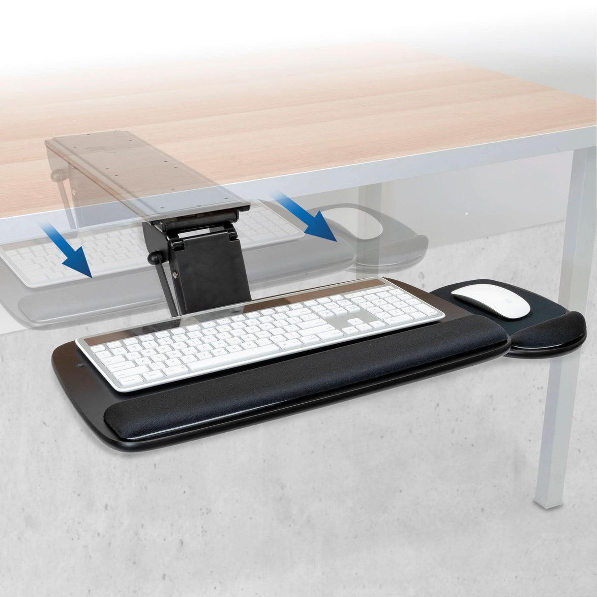 Under Desk Keyboard Platform With Wrist Support Keyboard tray attached to a desk with a keyboard and mouse on it