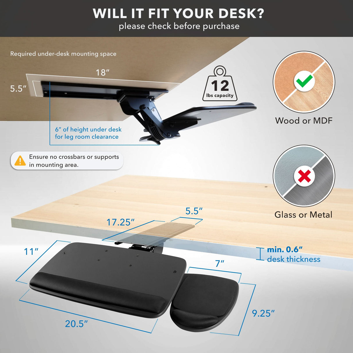 Under Desk Keyboard Platform With Wrist Support Diagram displaying installation guidelines for the Mount-It! Under Desk Keyboard Platform With Wrist Support, including space needed, 0.6-2" desk thickness, 12 lbs capacity, and use on wood/MDF (not glass/metal) surfaces.