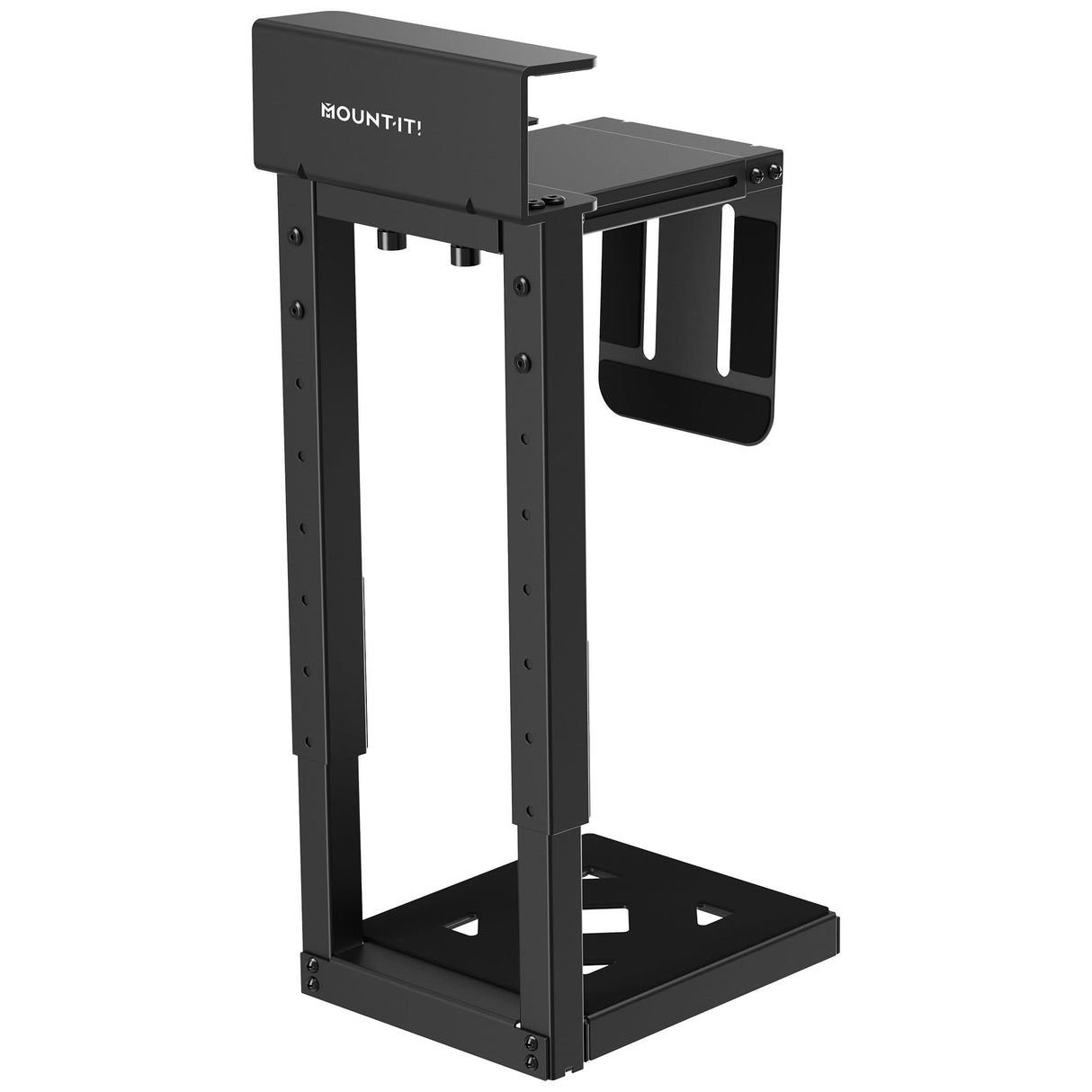 Heavy-Duty Clamp-On CPU Mount The Mount-It! Heavy-Duty Clamp-On CPU Mount is a black metal under-desk computer holder with an adjustable frame, sturdy base, and side brackets to secure your computer tower.